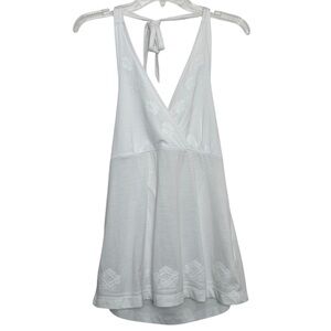 Y2K Mudd White Halter Babydoll Tank Top Tie Back Embroidered Floral Size Large